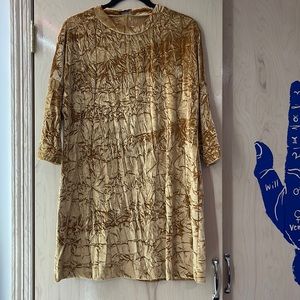 Zara Yellow Mock Neck Quarter Sleeve Crushed Velvet Dress